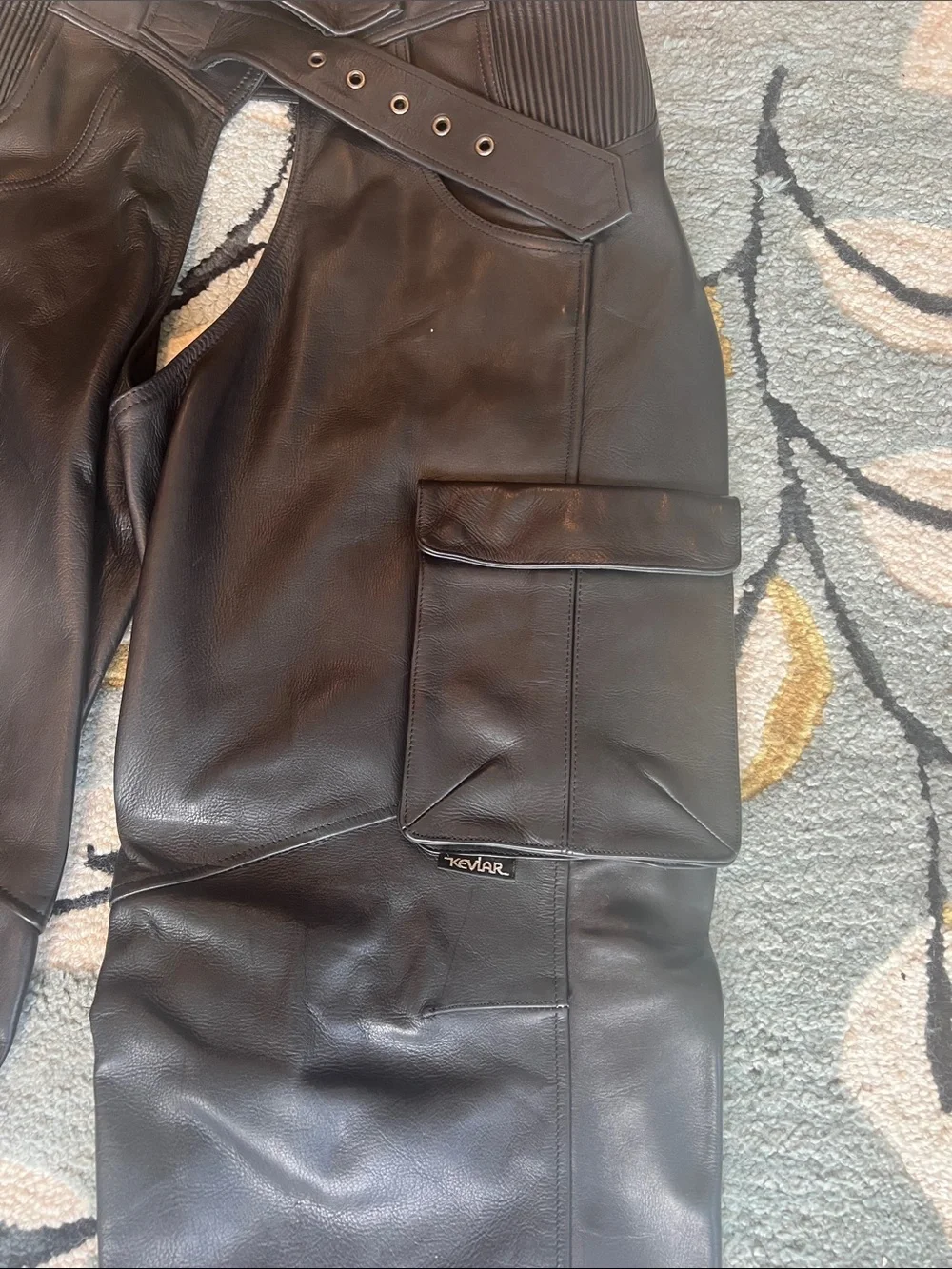 Black Leather Cargo Pants with Ribbed Waist and Belt Detail